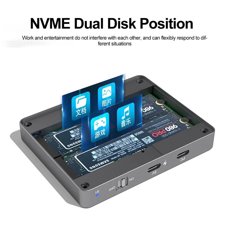 Boîtier SSD M.2 NVMe double baie USB-C 3.2 Gen2 pour duplication rapide de données