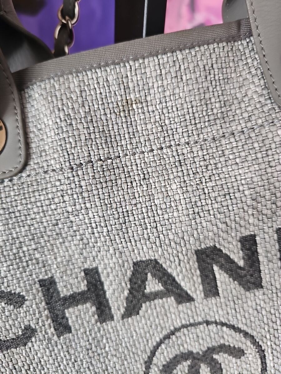 Chanel Gray Raffia Canvas Logo Chain Strap Deauville Tote Chanel Gray Raffia Canvas Logo Chain Strap Deauville Tote