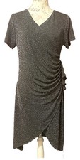 TENKI NWT UK 14 Rouched Wrap Look V Neck Dress BlackSilver Sparkly Xmas RRP £30