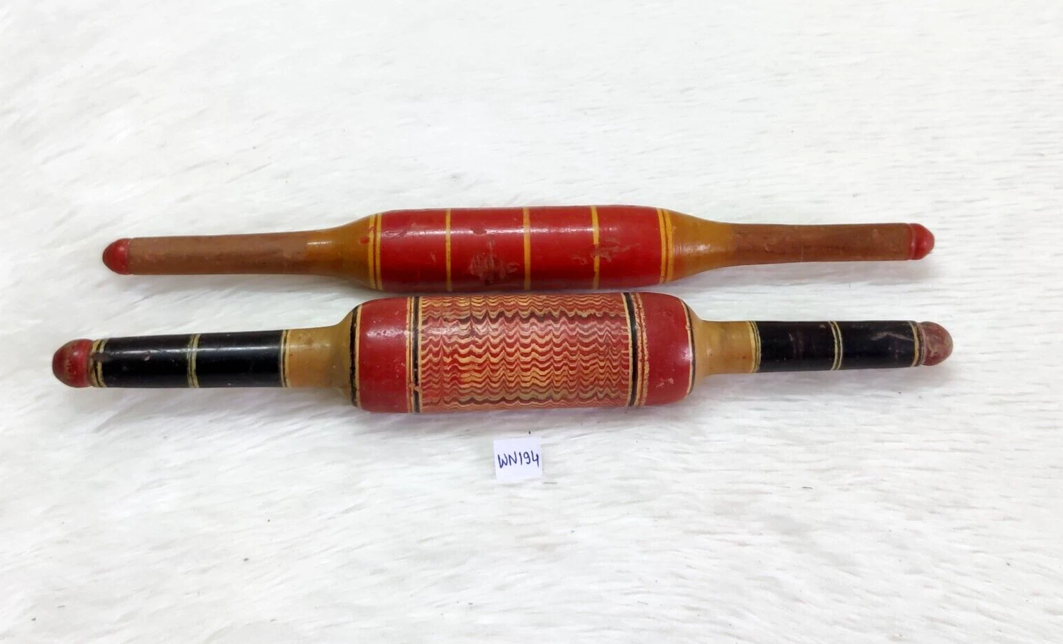 Antique Primitive Handmade Lacquered Bread Bakers Wooden Rolling Pin 2 Pcs WN194