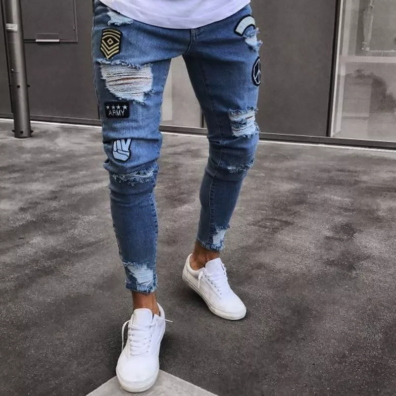 Pantalones Vaqueros Para Hombres Moda Flaco Elástico De Agujero Estampado  Casual