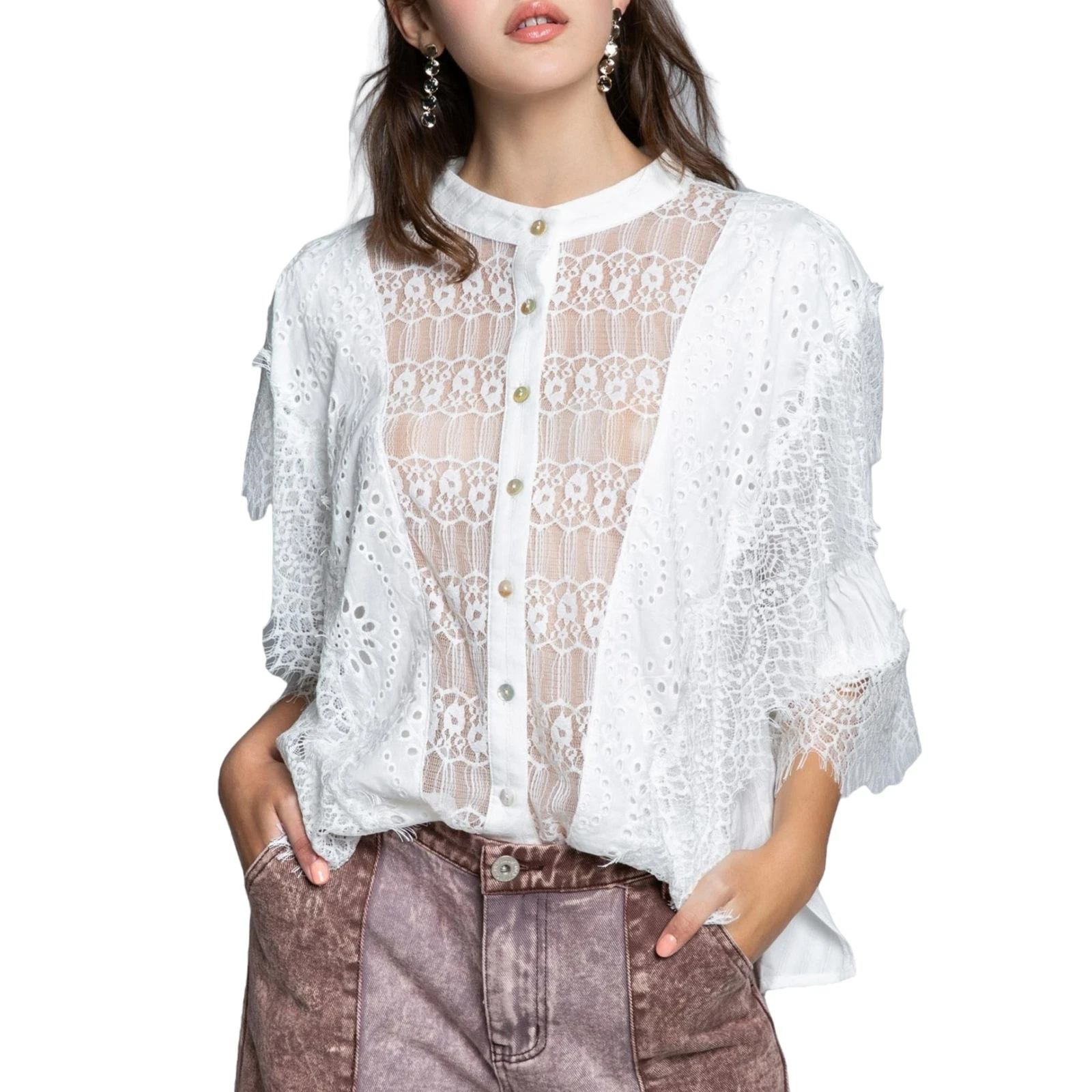 NWT POL Embroidered Eyelet Lace Ruffle Trim Cotton Button Down Shirt Blouse S-L