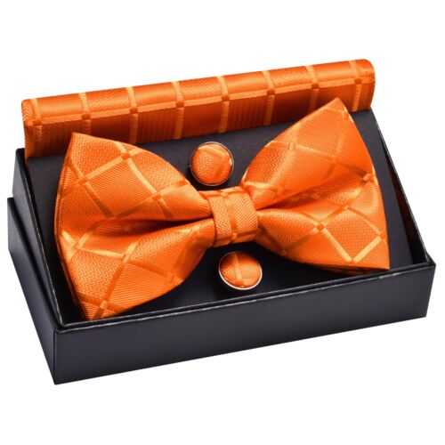 Orange Bow Tie Pocket Square Set for Wedding Pre-Tied Silk Plaid Checkered Bo... - Picture 3 of 7