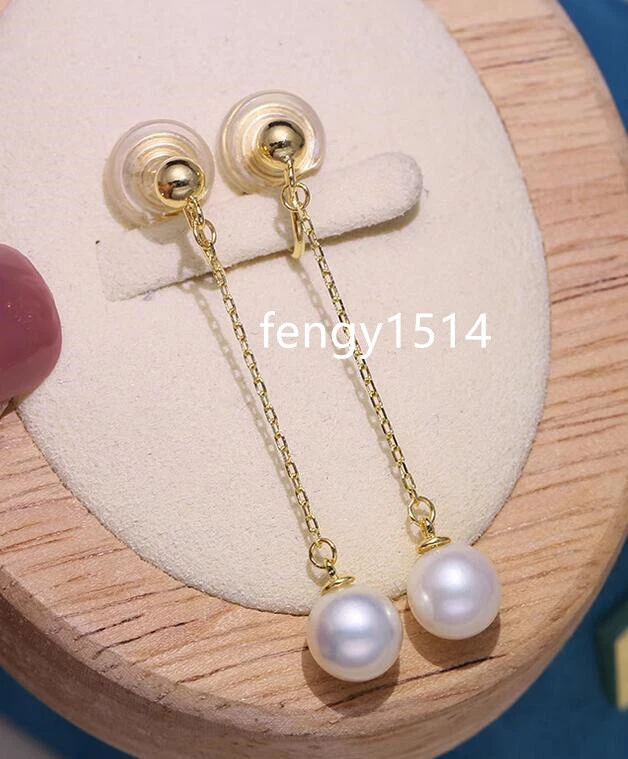 Real AAA+ 6-7mm natural White Akoya round pearl earrings clip-on long earrings - Image 3 of 4
