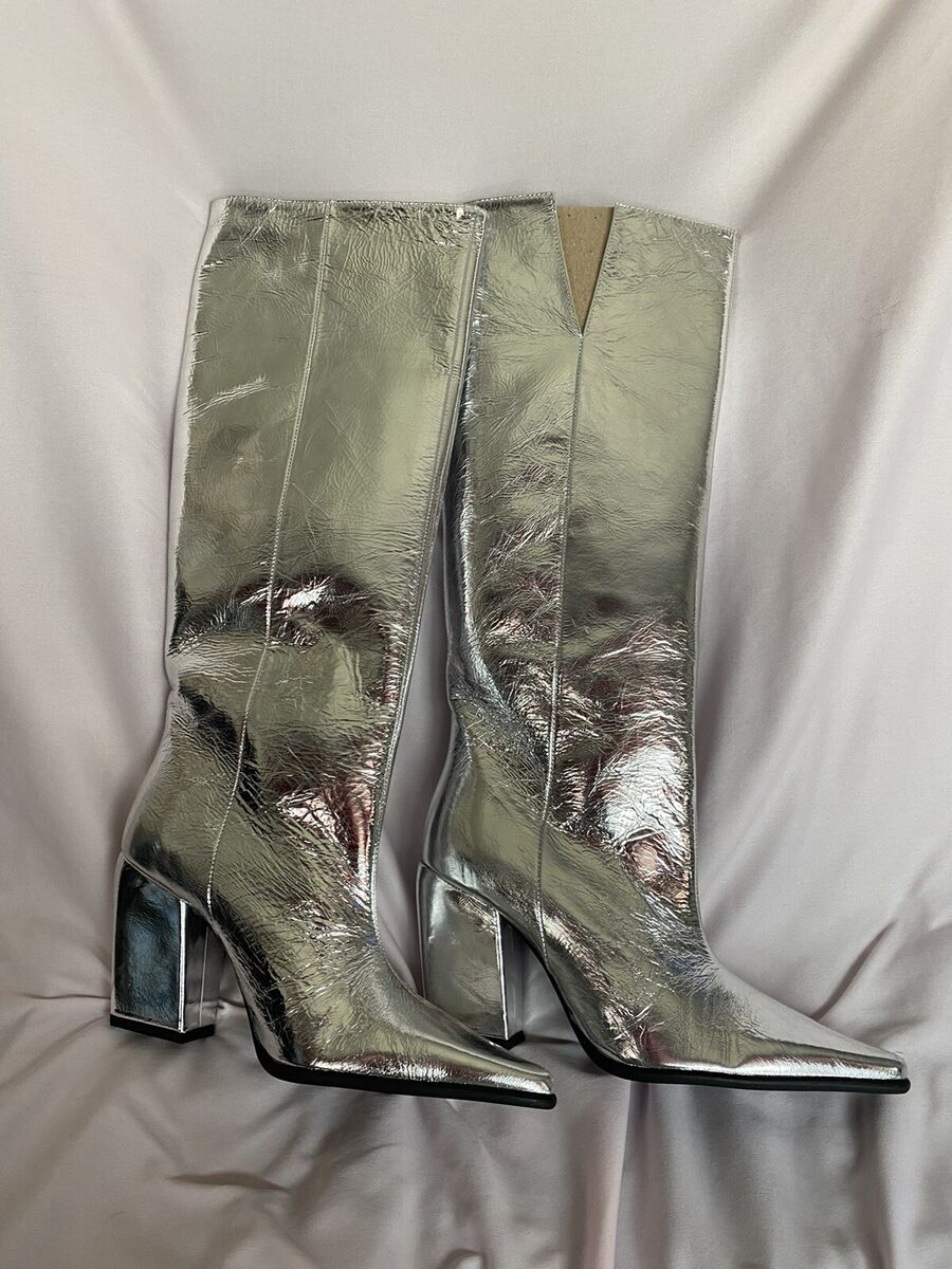 ZARA BLOCK HEEL KNEE HIGH BOOTS SILVER Metallic SIZE USA 6.5 ZARA BLOCK HEEL KNEE HIGH BOOTS SILVER Metallic SIZE USA 6.5