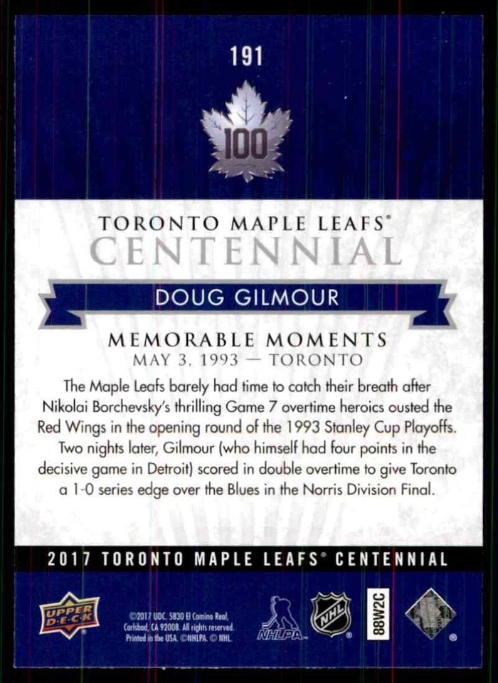 2017-18 Upper Deck Toronto Maple Leafs Centennial Doug Gilmour #191 - Image 2 of 2