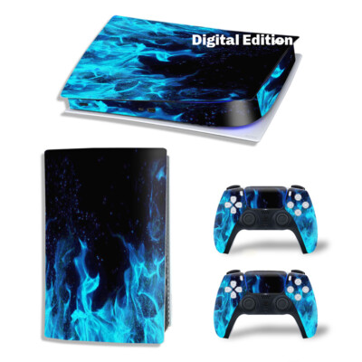 For PS5 Digital Edition Console & 2 Controller Blue Flame Vinyl Wrap Skin Decal