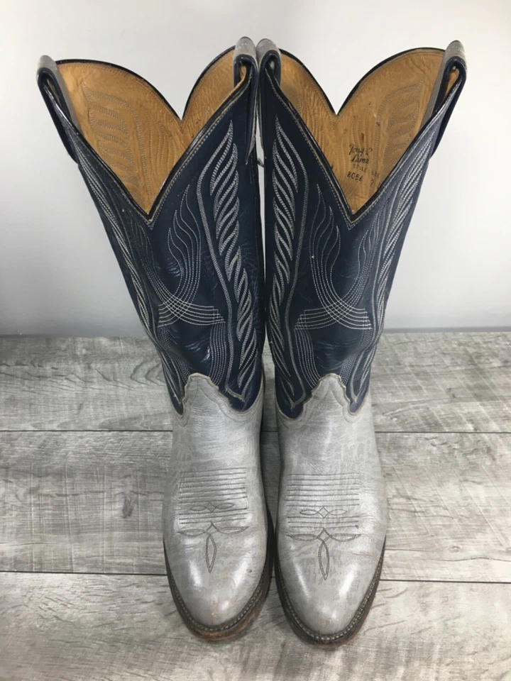 Tony Lama Hombres 8056 Negro Etiqueta Cuero Azul Vaquero Botas Occidentales Talla 7 De Colección Foto 3 de 4