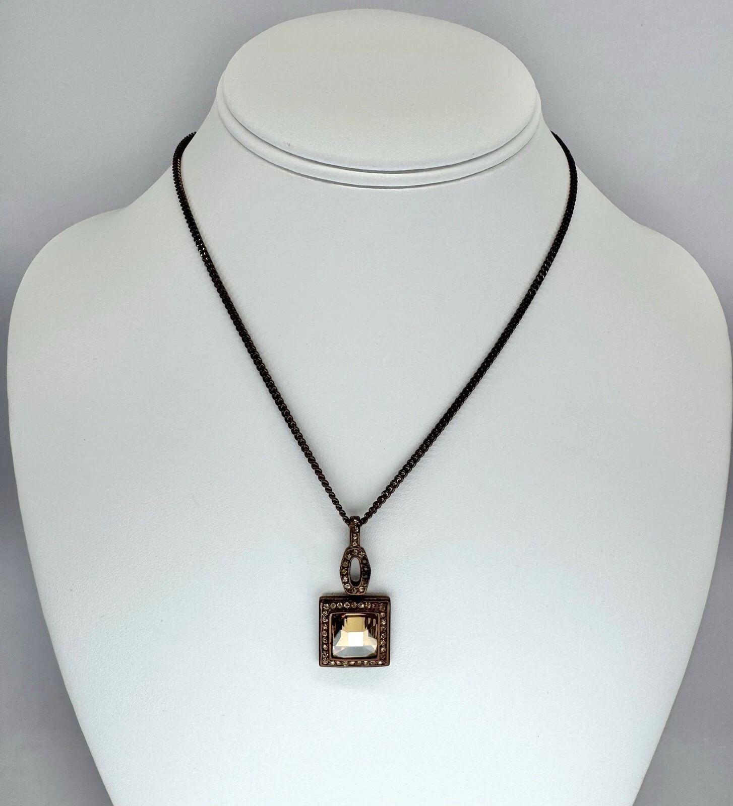 GIVENCHY Square Pendant with Crystals Gold Tone Vintage Necklace Jewelry N20