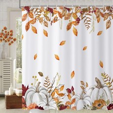 Fall Pumpkin Shower Curtain, Watercolor Autumn Pumpkins with Gold Branches Fa...