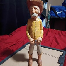 Vintage Hand Carved Wooden Cowboy Folk Art Figure Signed Artist Rustic Deco