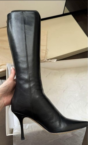 JIMMY CHOO DRAPE BLACK CALF LEATHER KNEE HIGH HIGH HEELS PULL ON BOOTS 34 cm NEW - Picture 9 of 13