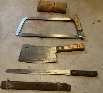 Vintage Briddell Solid Steel Meat Cleaver 8  Blade Butcher Set +Saw & Knife USA