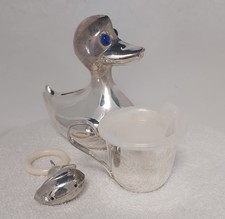 E.P.Brass Silver-plated Baby Duck Coin Bank W/Cup  Rattle Something Duckie Vtg