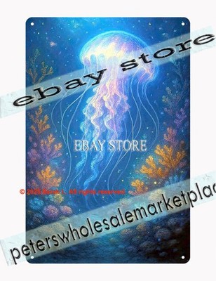 Luminous Jellyfish Drift Tin Sign � Floating Ocean Metal Wall Art