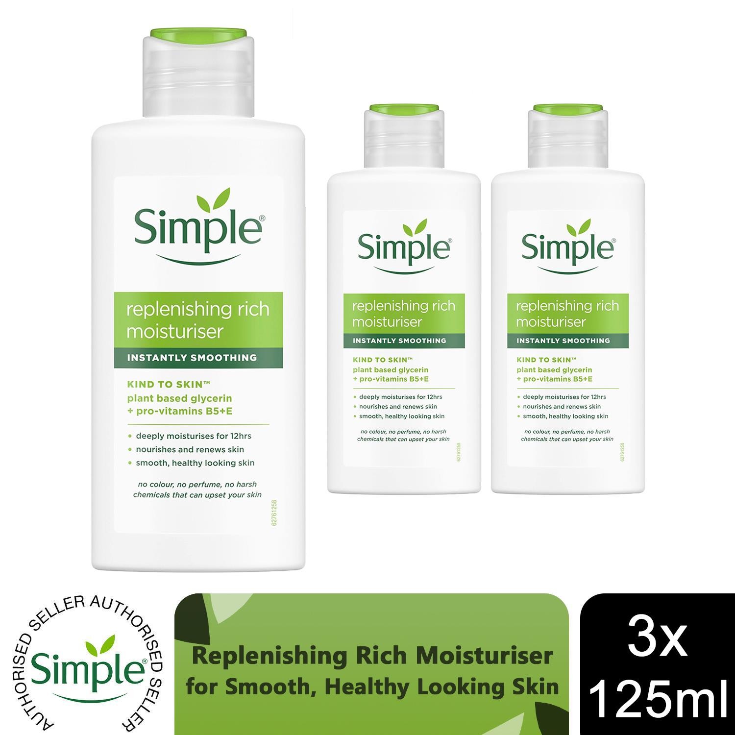 3x of 125ml Simple Kind to Skin 12H Moisturisation Replenishing Rich Moisturiser