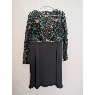 mac duggal floral beaded dress Navy Long Sleeve High Neck Floral Beaded A-line Mesh Gown main image 0