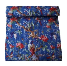Indian Handwoven Bird Print Cotton Kantha Quil, Bedsheet ,Bedsprea Throw Blanket