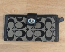 Coach Signature Turn Lock Slim Envelope Wallet Black/Tan Silver Tone Hardware