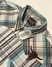 NWT COWBOY Hardware Mens SS Shirt-Pearl Snap-XL-Plaid-Back Imagery-Steer Skull
