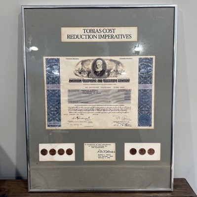 Vintage AT&T Stock Certificate Framed Tobias Cost Reduction Display 20x16