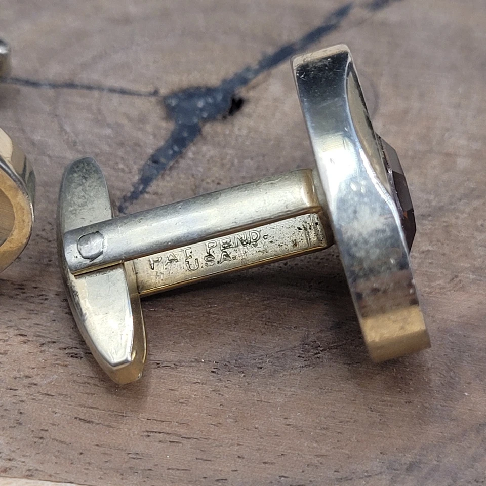 Gemelos ovalados Mid Century tono latón alambre vidrio color ámbar Foto 4 de 4