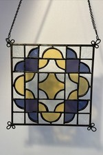 Stained Glass Suncatcher Blue Yellow Acid Etched Clear Glass Geometric 19