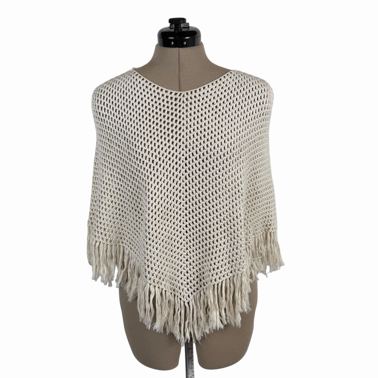 White + Warren Silk Blend Crochet Fringe Poncho M/L Off White Boho Cape Coastal
