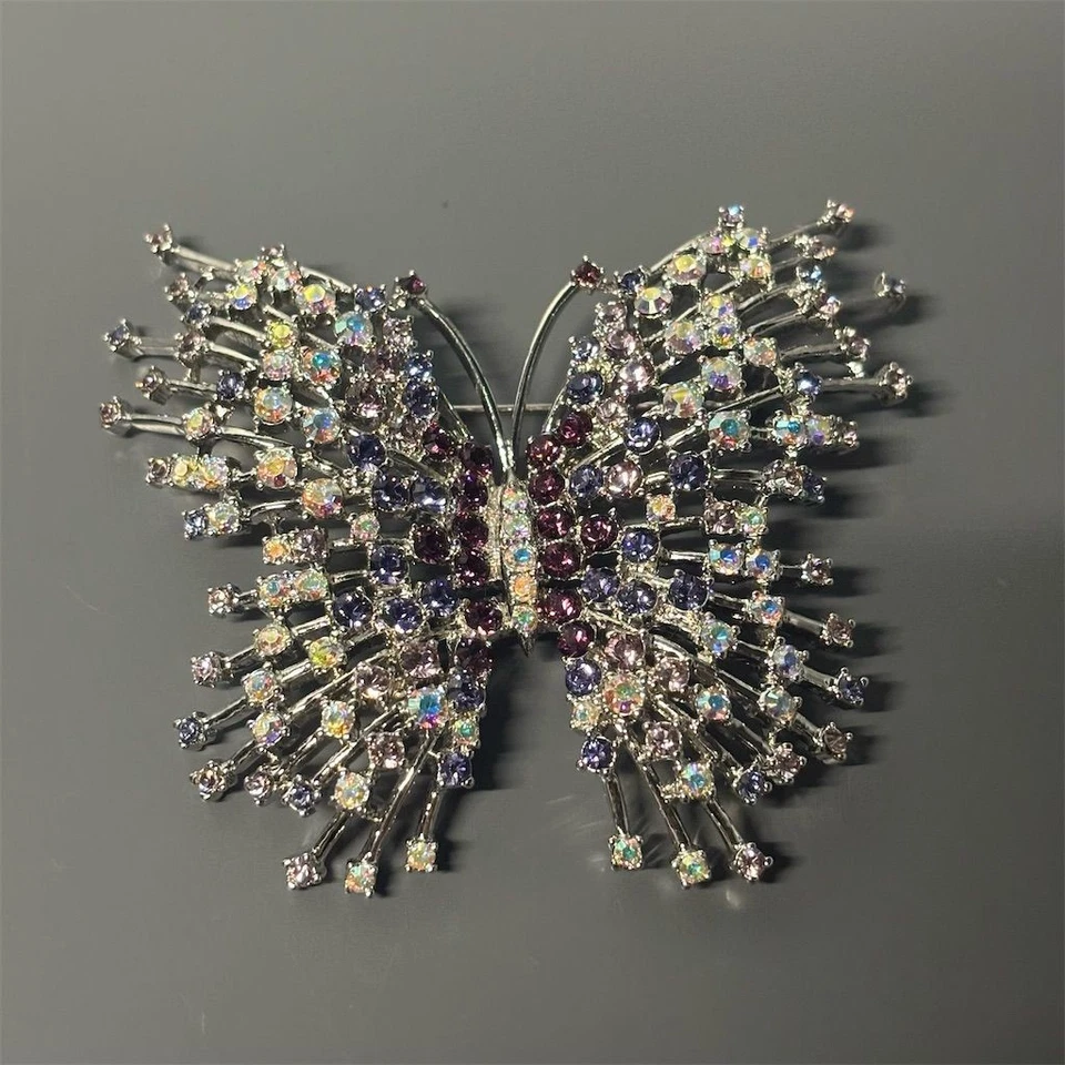 Broche Mariposa Lisner Tono Plata Estrás Cristal Aurora Boreal Foto 3 de 4