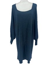 Nine West Navy Blue Sweater Dress Size 4X Metallic Square Neck Balloons Sleeves