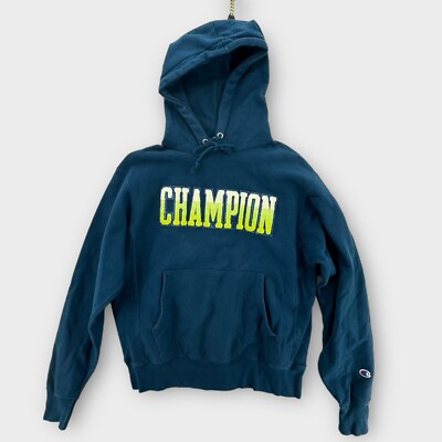 Champion Reverse Weave Mens Medium Blue Chenille Logo Hoodie GF68
