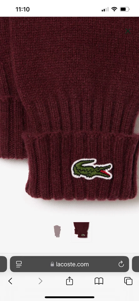 NUEVO CON ETIQUETAS LACOSTE Hombres Guantes Mitón Rojo 100% Lana Croc Logo RV045251 BZD Tejido Talla L Foto 4 de 4
