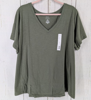 Sonoma Size 2X Olive Green V Neck Womens Cotton Short Sleeve Top NWT