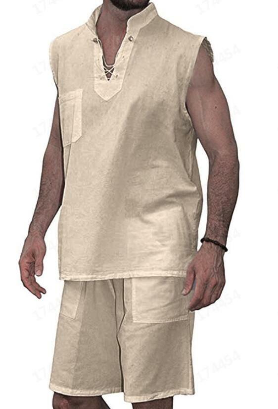 シャツ 2pc Set Men Cotton Linen Sleeveless Muscle Top Blouse+shorts Lace