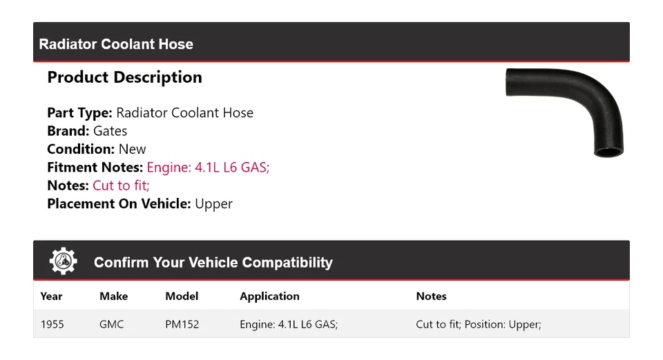 Para 1955 GMC PM152 4.1L L6 GÁS radiador líquido refrigerante mangueira portões superiores - Imagem 2 de 4