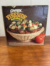 Vtg PYREX FIRESIDE NATURALS 4 Qt Round Bowl & Ratten Basket #3260-F Corning NIB