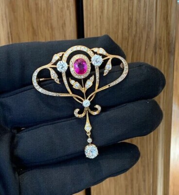 14K Yellow Gold Plated Silver 3Ct Oval Cut Lab Created Pink Ruby Women's Brooch