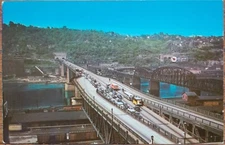 Liberty Bridge Pittsburgh PA Postcard Ballentine Ale Billboard Monongahela River