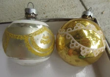 2 Vintage Yellow Gold Glass Mica Ball Christmas Ornament 2 1/4" Shiny Brite USA