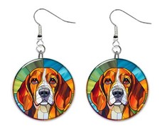 Stained Glass Printed Beagle Dog Button Earrings Jewelry 1" Dangle MADE IN USA
