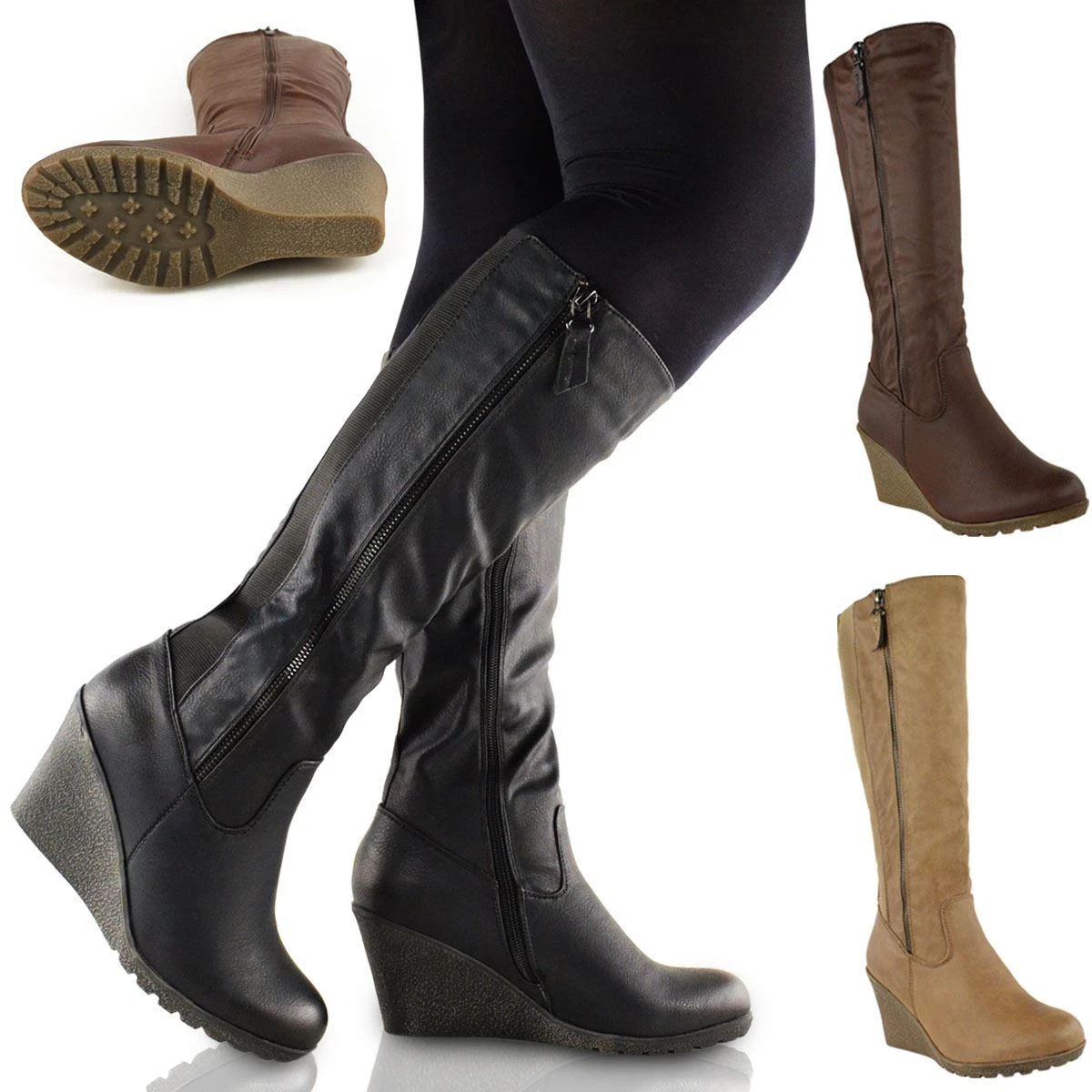 WOMENS LADIES WEDGE HEEL KNEE HIGH MID CALF WIDE LEG ELASTIC WINTER BIKER BOOTS