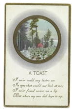 Antique Postcard A Toast Greet Love Camp House Wood Snow Winter UNUSED VTG Q-48
