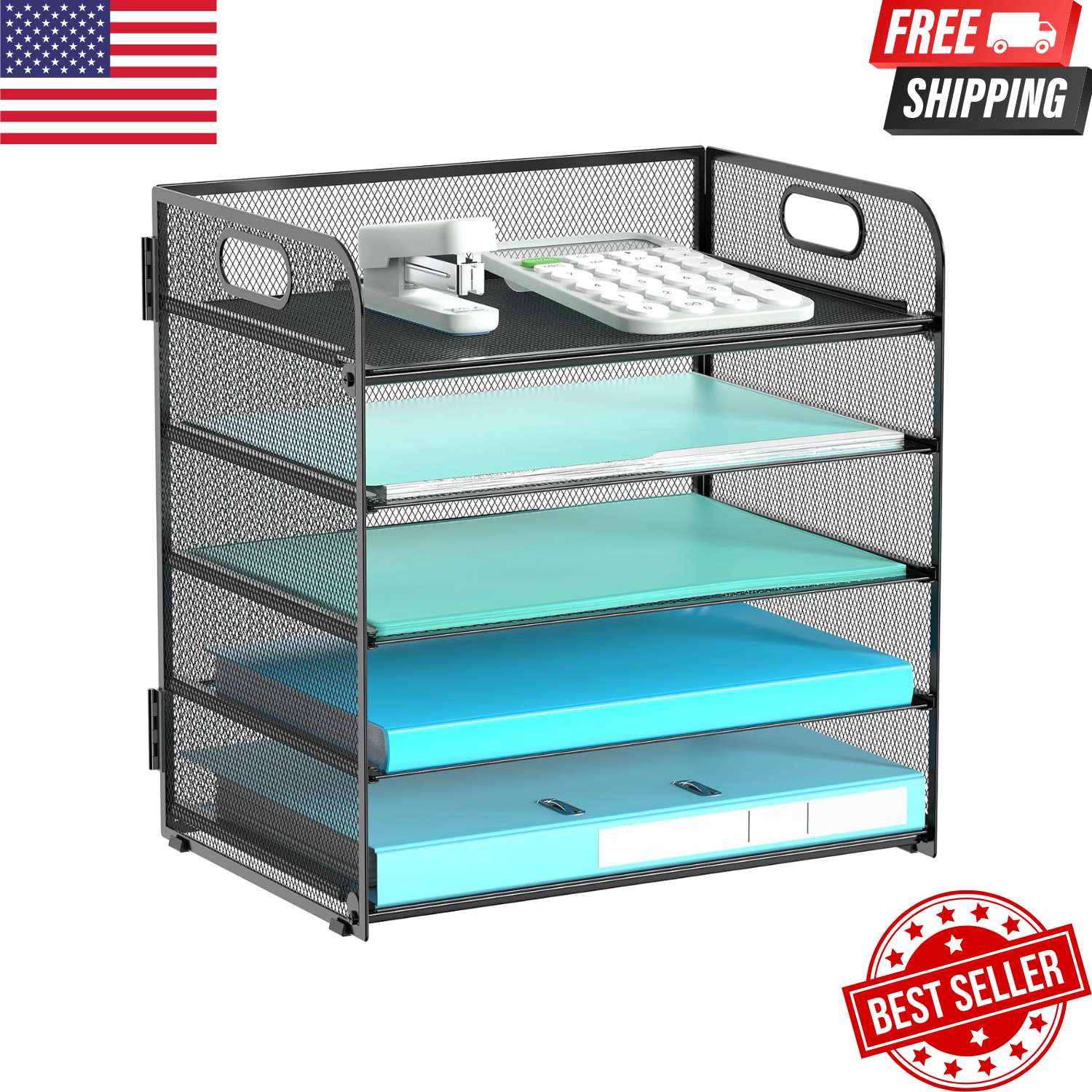 5 Tier Mesh Desk File Organizer with Handle for Office Paper Storage-image