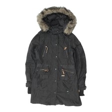 Khujo Womens Long Black Fur Trim Hooded Parka Coat | Vintage High End Designer