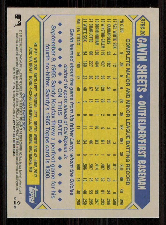 2022 Topps Chrome '87 Topps #87BC20 Gavin Sheets - Image 2 of 2