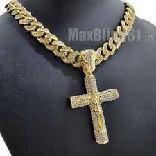Jesus Cross Pendant  13mm 16" 18" 20" 24" Iced Cuban Box Lock Chain Necklace