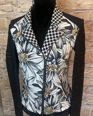 Save The Queen Biker Jacket Medium 36  Black White Ochre Floral Mesh Yoke Sleeve
