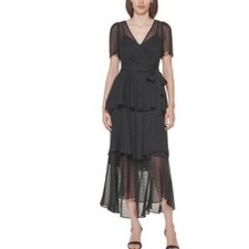 Calvin Klein Womens Petite Clip Dot Tiered Dress Black Silver Size 0P NWT