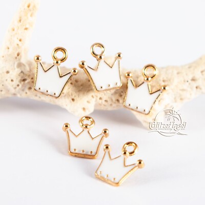 5x Schmuck Anhänger Krone Prinzessin Emaille Weiß Gold SET GlitzerInsel 00975b
