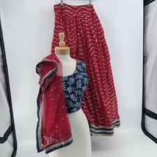 Lehenga Choli Indian Outfit Women Wedding Guest Red Skirt Blue Top Bollywood